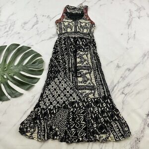 Lucky Brand Maxi Dress Size XS Cream Black Camel Print Floral Lace Beaded Boho